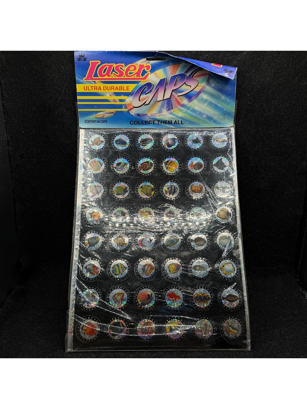 NEW VTG Laser Caps Pog Slammers Tropical Fish Iridescent Complete Set 48 Caps